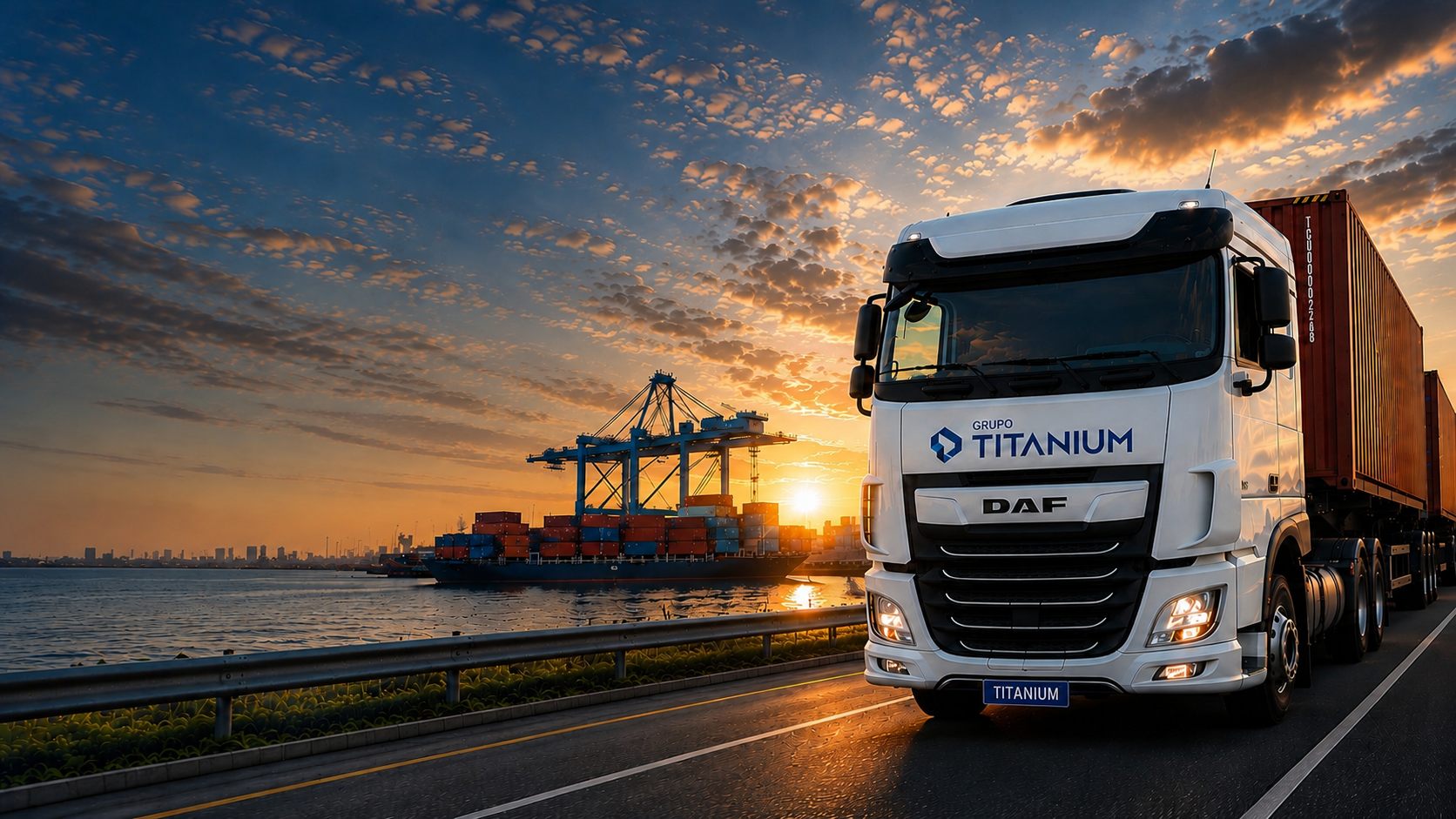 Caminhão Grupo Titanium na rodovia ao lado do porto ao pôr do sol